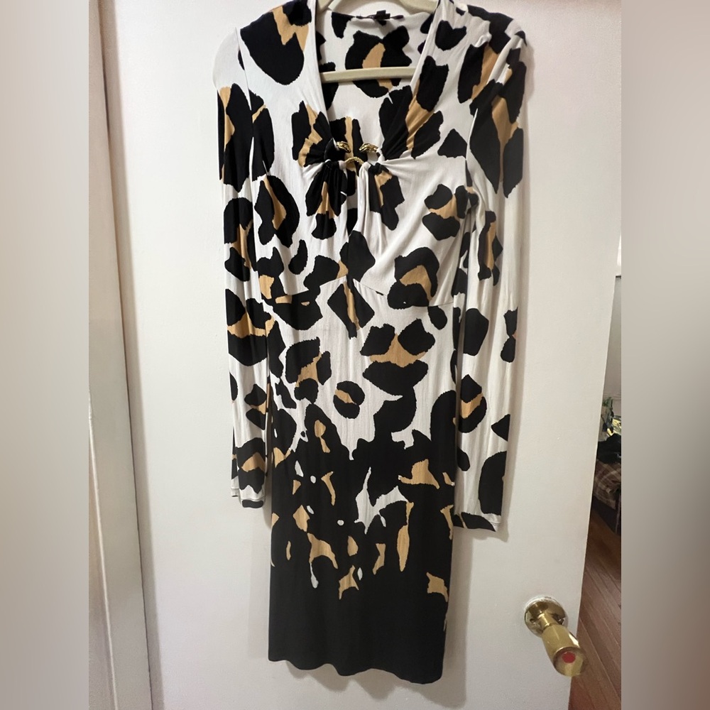 Roberto Cavalli Black and White V-neck Bodycon Midi Dress